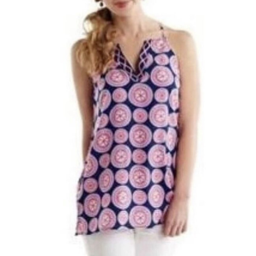 Mud Pie Womens‎ Waverly Pinwheel Print Racer Back Tank Top Blue Pink L 12-14